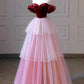 Burgundy Velvet and Pink Tulle Long Prom Dress, Off the Shoulder Evening Dress