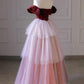 Burgundy Velvet and Pink Tulle Long Prom Dress, Off the Shoulder Evening Dress