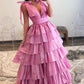 Pink V-Neck Tulle Long Prom Dress, Beautiful Backless Evening Party Dress