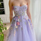 Strapless Lilac A-Line Floor Length Party Dress with 3D Flowers