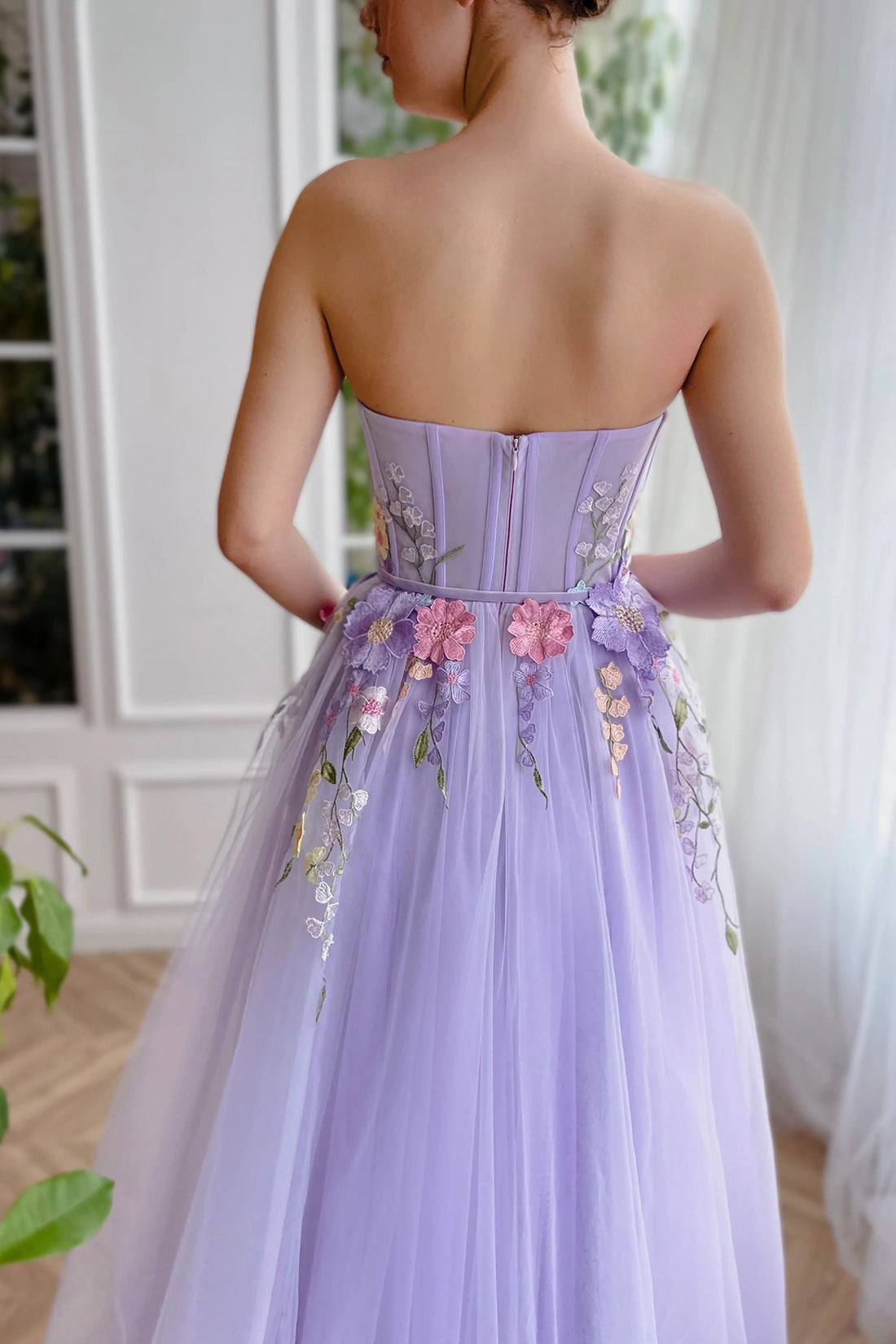 Strapless Lilac A-Line Floor Length Party Dress with 3D Flowers