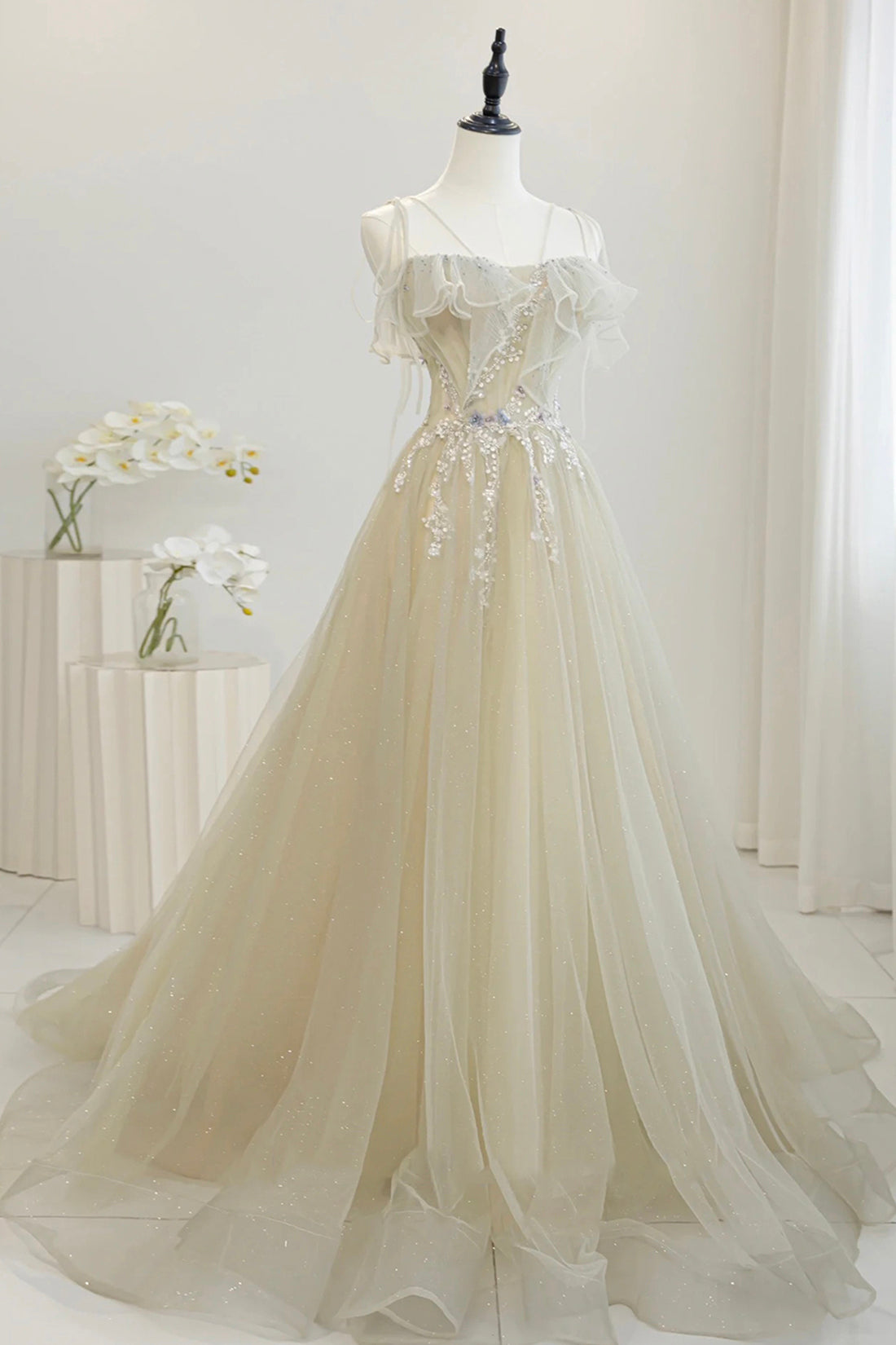 A-Line Spaghetti Strap Tulle Floor Length Prom Dress, Beautiful Light Green Evening Party Dress