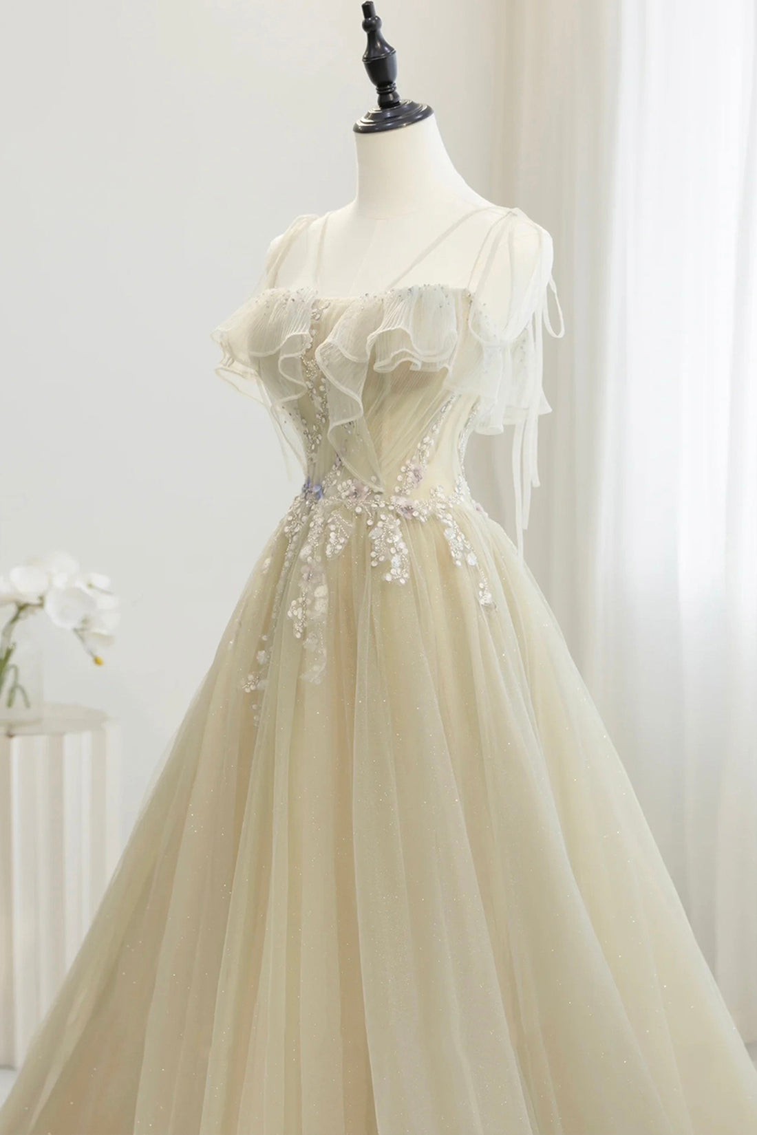 A-Line Spaghetti Strap Tulle Floor Length Prom Dress, Beautiful Light Green Evening Party Dress
