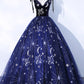 Navy Blue Tulle Long Prom Dress, Spaghetti Straps Lace Flower Backless Formal Dress