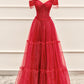 Red Tulle Long A-Line Prom Dress, Off the Shoulder Evening Party Dress