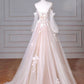 Champagne Tulle Lace Floor Length Prom Dress, Off the Shoulder Long Sleeve Evening Party Dress