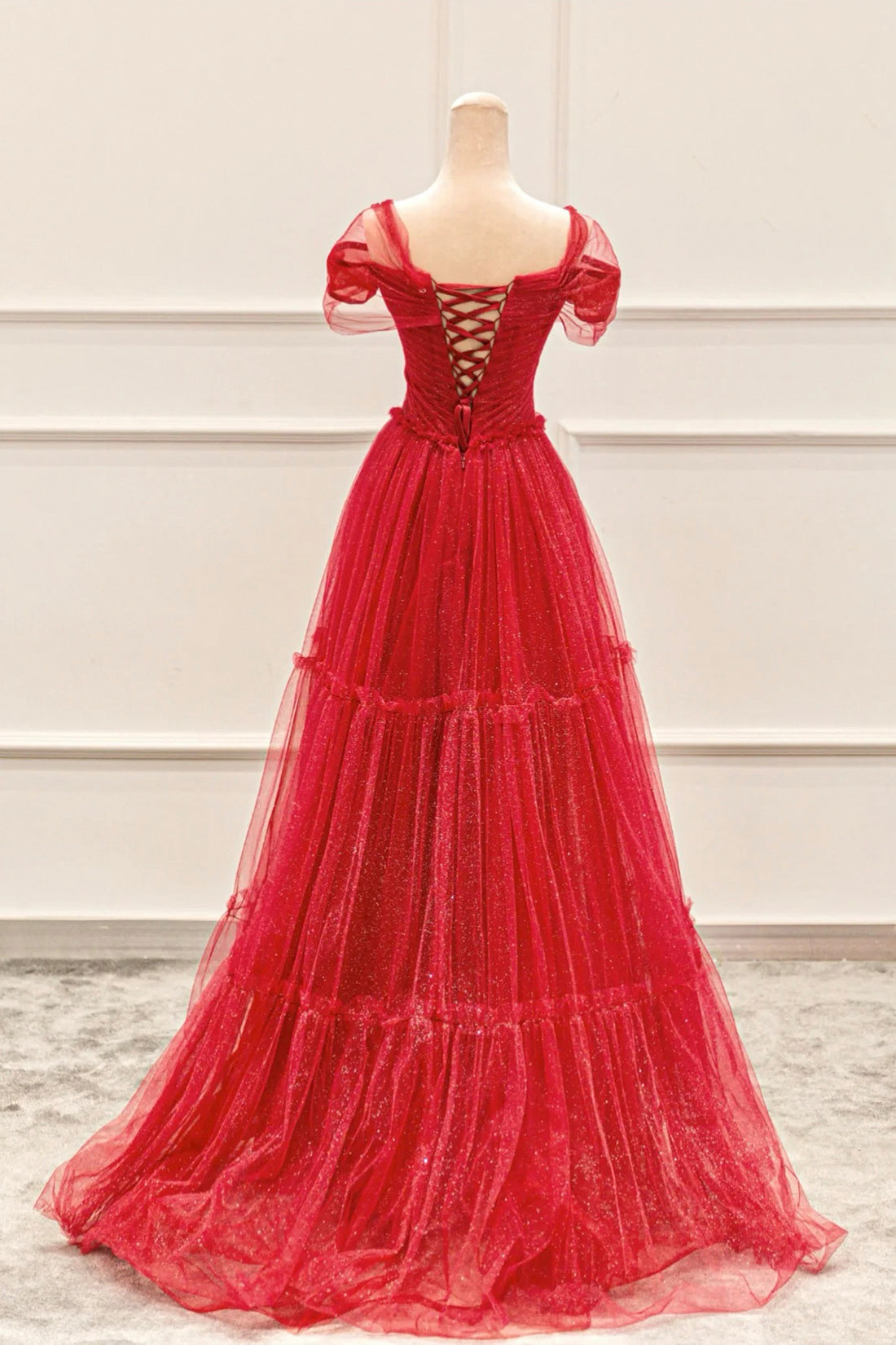 Red Tulle Long A-Line Prom Dress, Off the Shoulder Evening Party Dress
