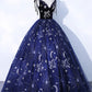 Navy Blue Tulle Long Prom Dress, Spaghetti Straps Lace Flower Backless Formal Dress