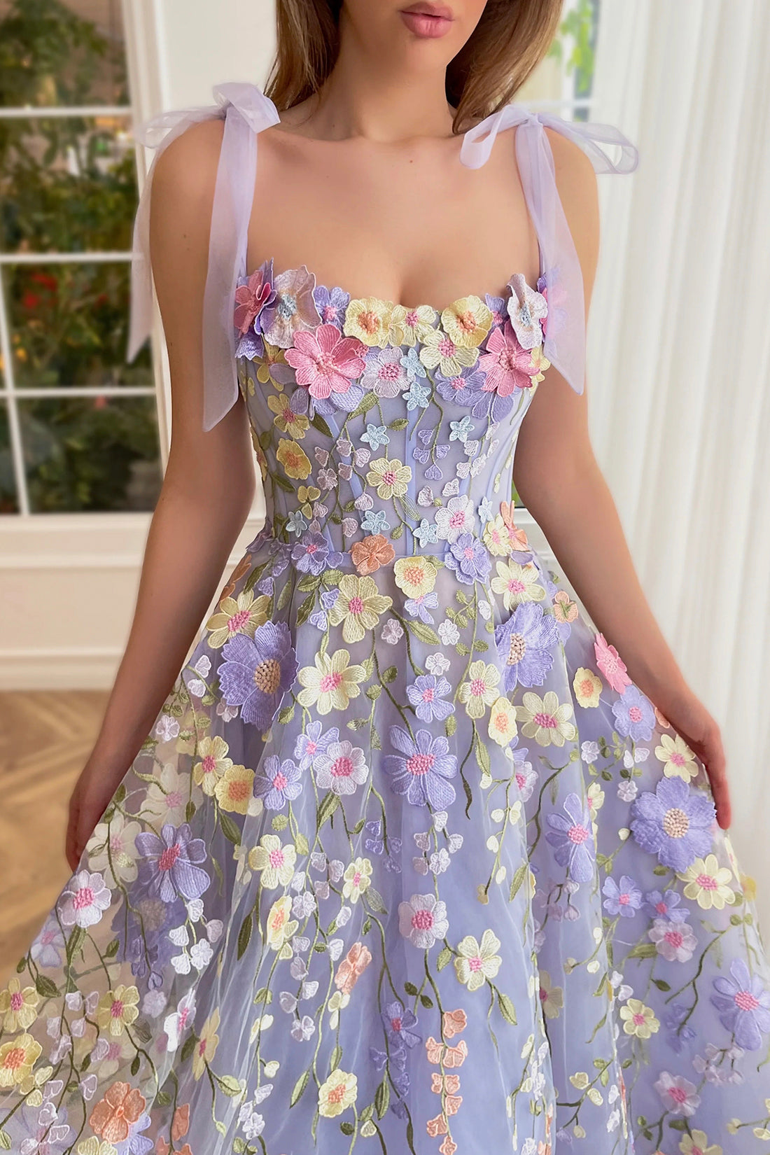 Beautiful A-Line Lilac Tea Length Party Dress with 3D Flowers