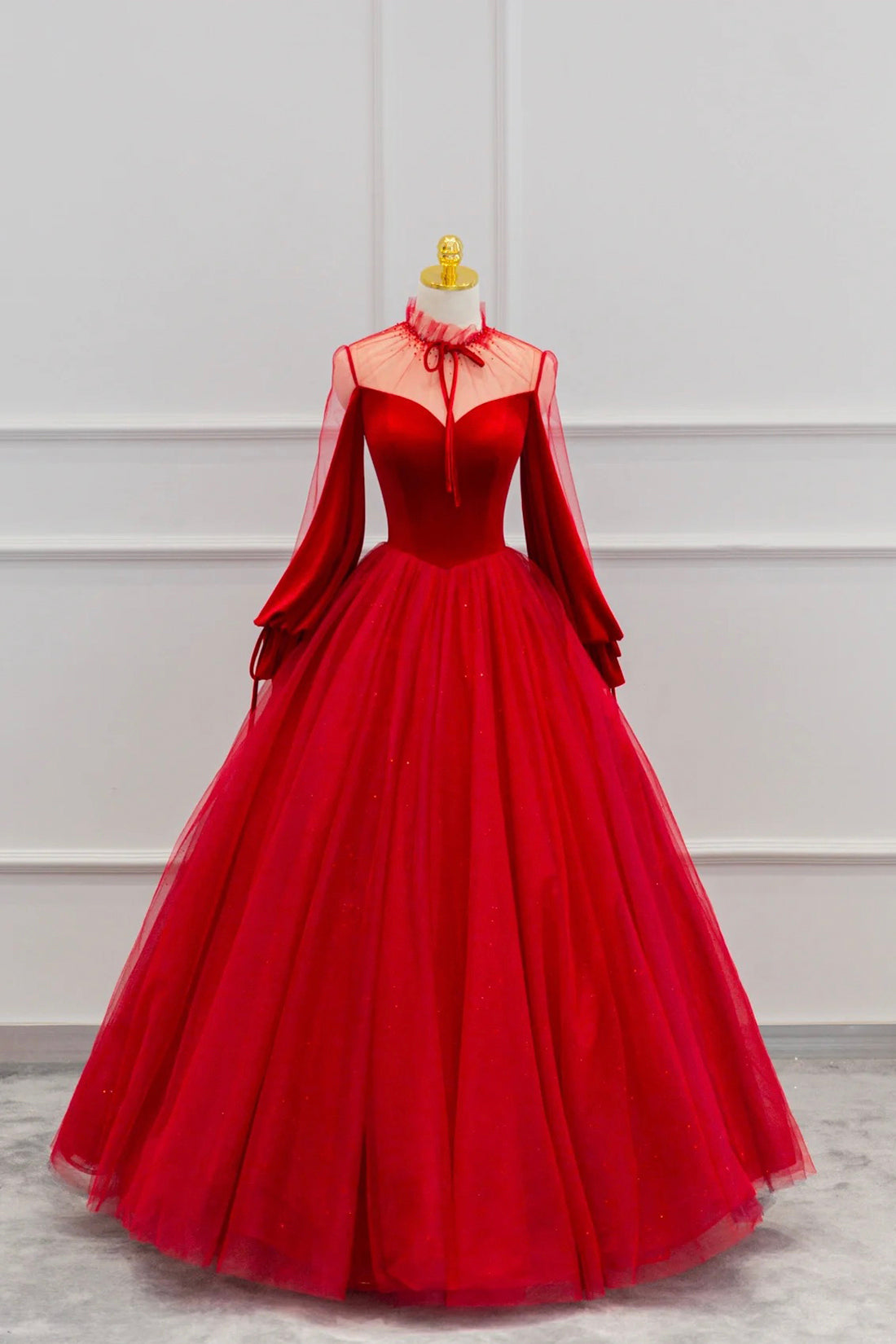Red Velvet Tulle Long Prom Dress, Long Sleeve Evening Party Dress