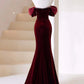 Burgundy Velvet Long Prom Dress with Pearl, Burgundy Off Shoulder Evening Dress