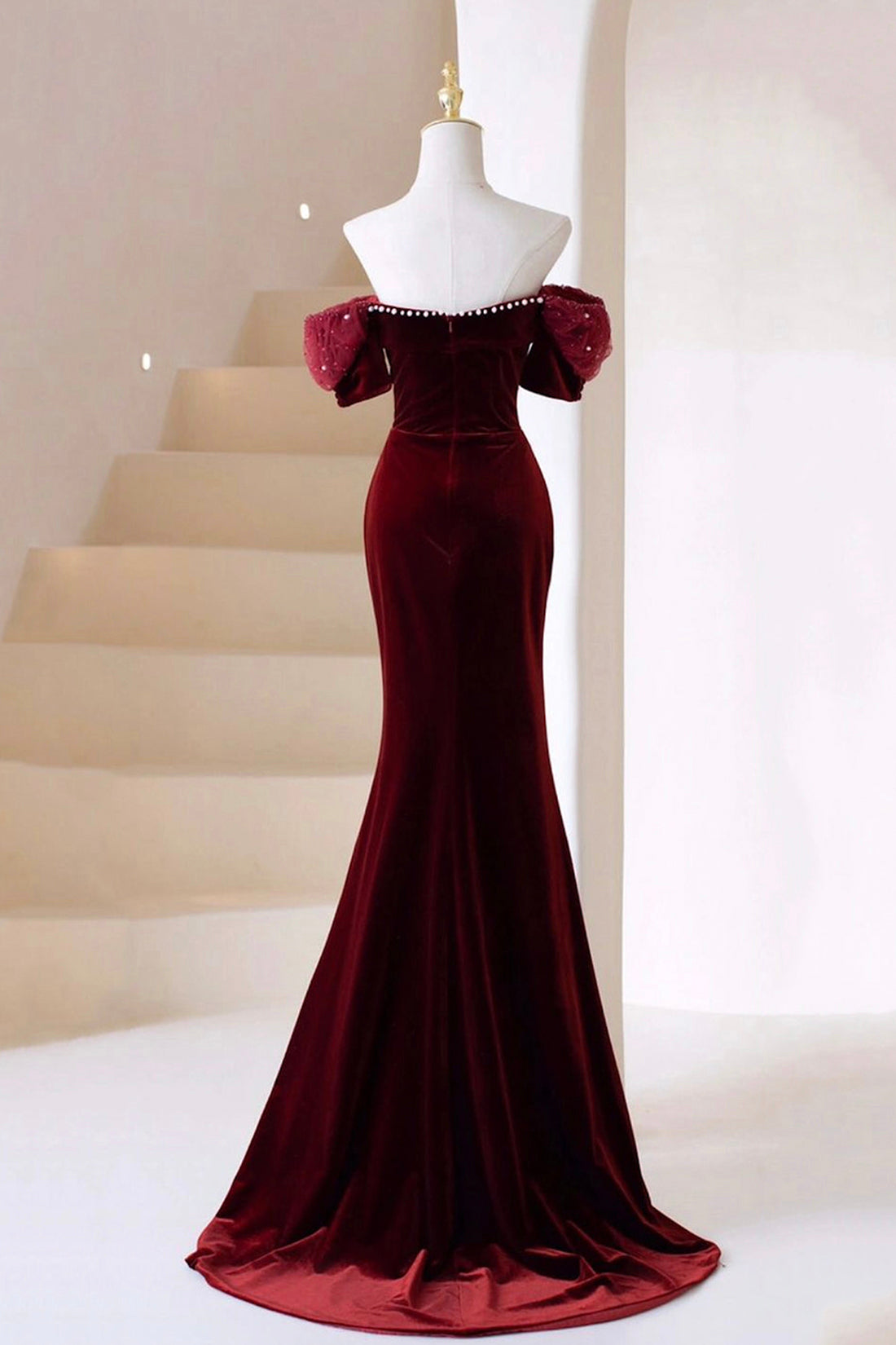 Burgundy Velvet Long Prom Dress with Pearl, Burgundy Off Shoulder Even