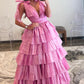 Pink V-Neck Tulle Long Prom Dress, Beautiful Backless Evening Party Dress