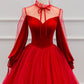 Red Velvet Tulle Long Prom Dress, Long Sleeve Evening Party Dress