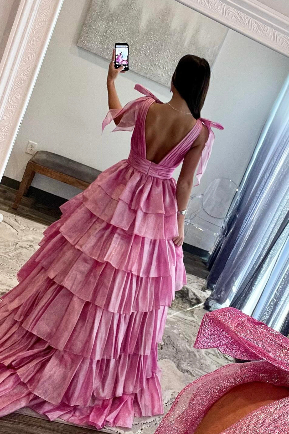 Pink V-Neck Tulle Long Prom Dress, Beautiful Backless Evening Party Dress