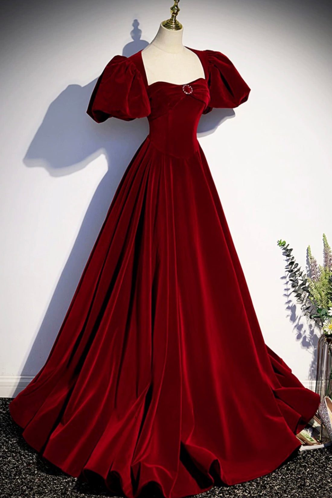 Burgundy Velvet Long Prom Dress, A-Line Backless Evening Party Dress