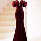 Burgundy Velvet Long Prom Dress with Pearl, Burgundy Off Shoulder Evening Dress