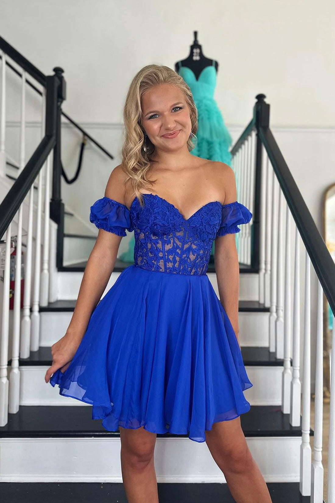 Blue Chiffon Lace Short Prom Dress, A-Line Backless Evening Party Dress