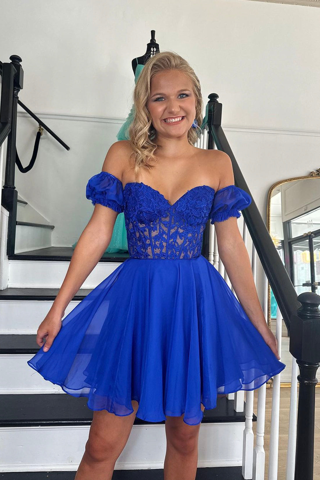 Blue Chiffon Lace Short Prom Dress, A-Line Backless Evening Party Dress