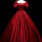 Burgundy Satin Long A-Line Formal Dress, Beautiful Short Sleeve Evening Party Gown