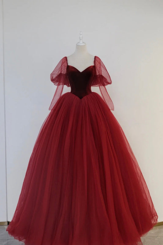Burgundy Velvet Tulle Long Prom Dress, A-Line Long Sleeve Tulle Formal Evening Dress