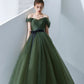 Beautiful A-Line Green Tulle Long Prom Dress, Off the Shoulder Evening Party Dress