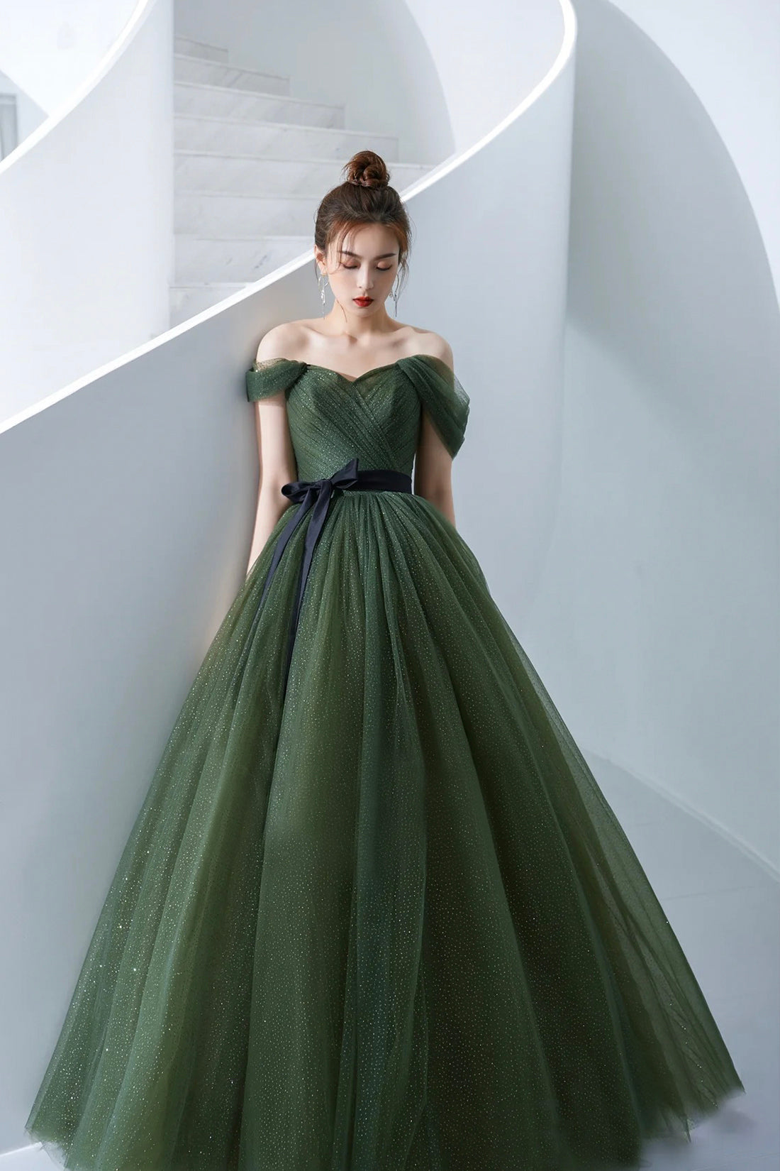Beautiful A-Line Green Tulle Long Prom Dress, Off the Shoulder Evening