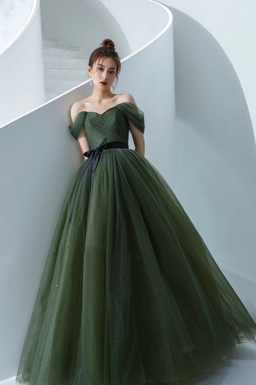 Green Off The Shoulder Floral Tulle A Line Prom Dress