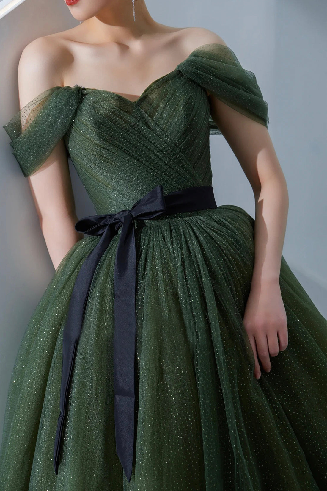 Beautiful A-Line Green Tulle Long Prom Dress, Off the Shoulder Evening Party Dress