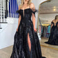 Black Sequins Lace Long Prom Dress, Black Spaghetti Strap Backless Evening Dress
