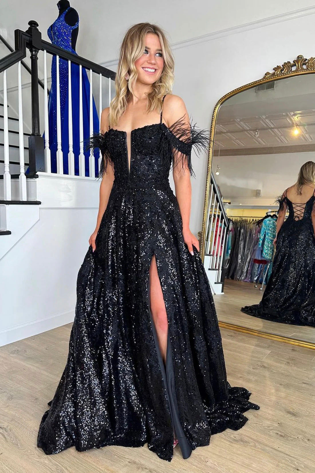 Black Sequins Lace Long Prom Dress, Black Spaghetti Strap Backless Evening Dress