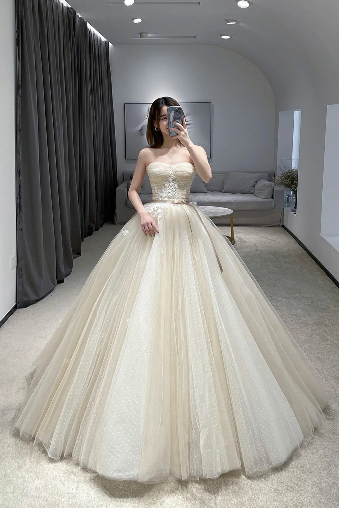 Champagne Strapless Tulle Lace Floor Length Prom Dress