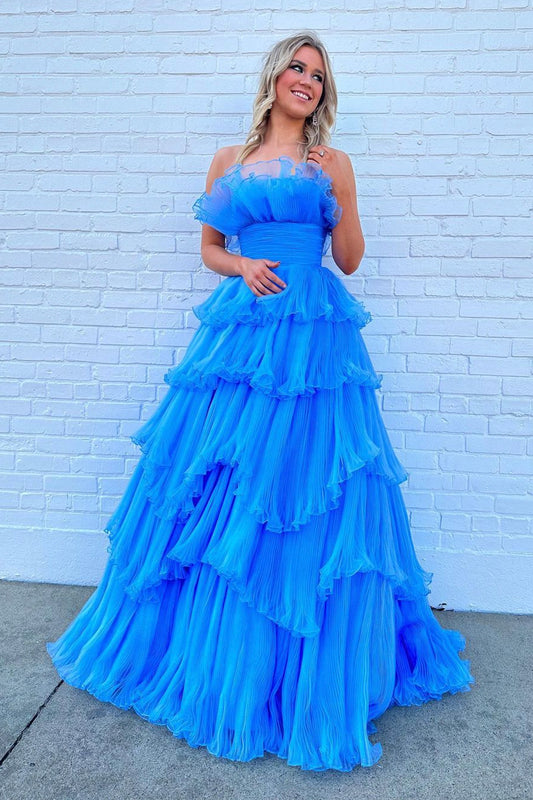 A-line Off-the-Shoulder Blue Ruffle Layers Tulle Long Prom Dress