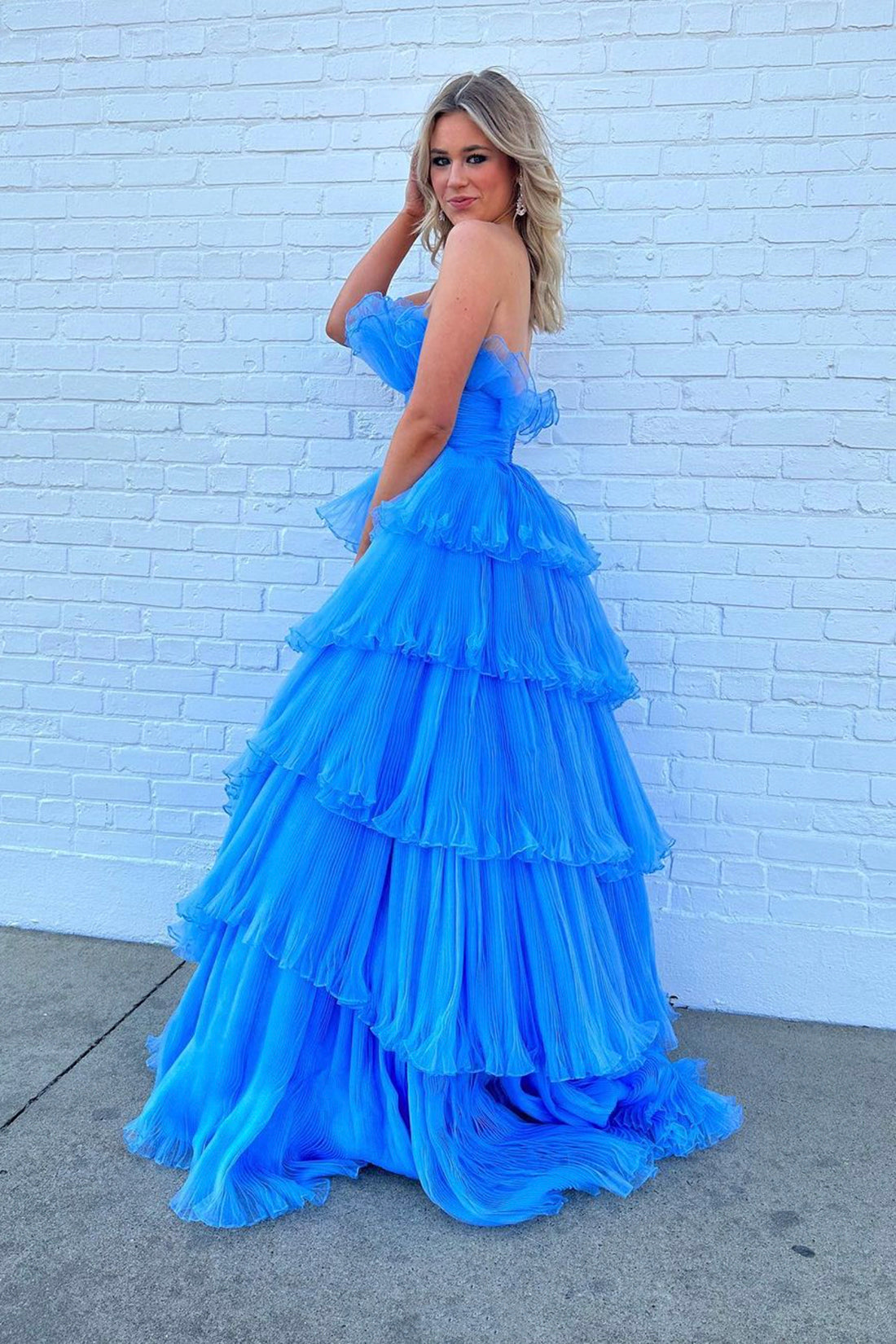 A-line Off-the-Shoulder Blue Ruffle Layers Tulle Long Prom Dress