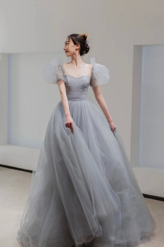 Gray Tulle Floor Length Prom Dress, Beautiful A-Line Short Sleeve Evening Dress