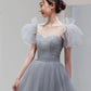 Gray Tulle Floor Length Prom Dress, Beautiful A-Line Short Sleeve Evening Dress