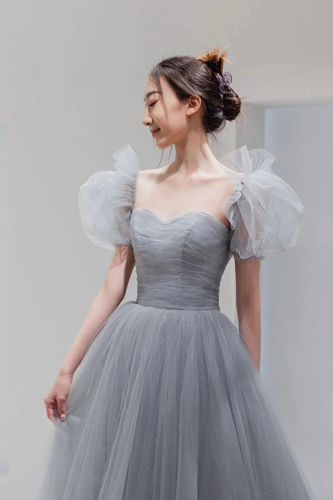 Gray Tulle Floor Length Prom Dress, Beautiful A-Line Short Sleeve Evening Dress