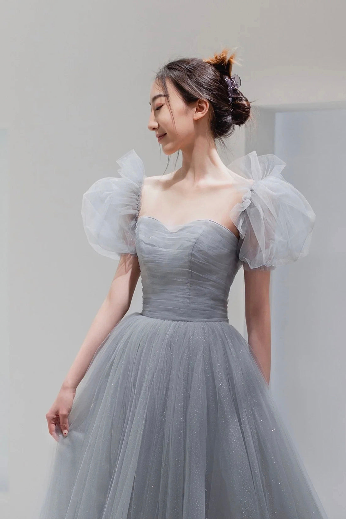 Gray Tulle Floor Length Prom Dress, Beautiful A-Line Short Sleeve Even – girlideas