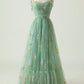 Green Floral Tulle Long Prom Dress, Beautiful Tulle Evening Party Dress