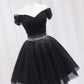 Black Tulle Beaded Short Prom Dress, Black Off Shoulder Evening Party Dress