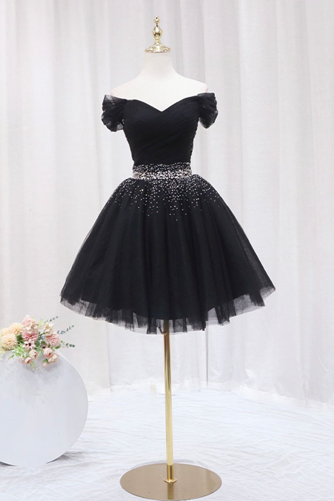 Black Tulle Beaded Short Prom Dress, Black Off Shoulder Evening Party Dress