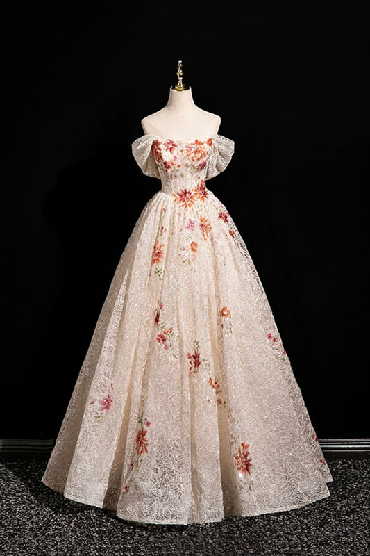 Champagne Lace Sequins Long Prom Dress, Beautiful Off the Shoulder Party Dress
