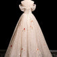 Champagne Lace Sequins Long Prom Dress, Beautiful Off the Shoulder Party Dress