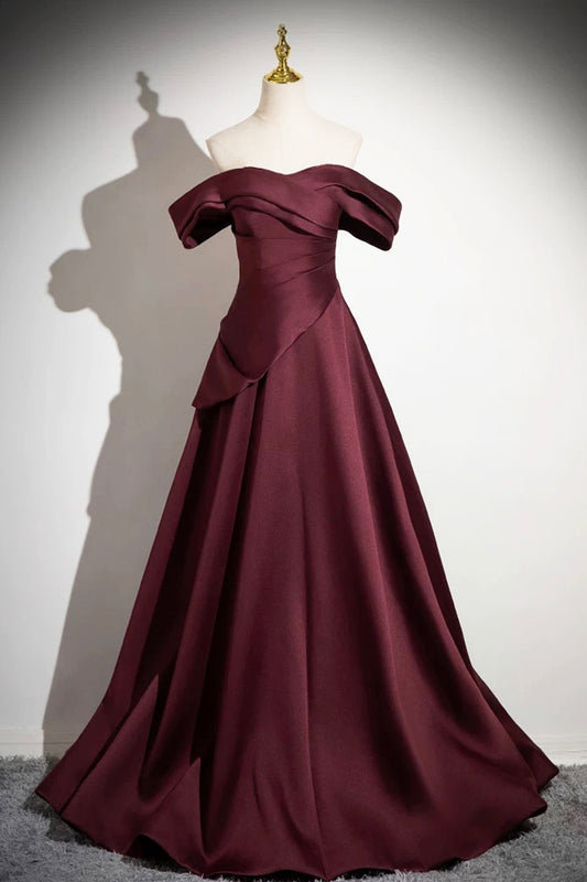 Burgundy Satin Long Prom Dress, Burgundy Off the Shoulder Evening Party Dress