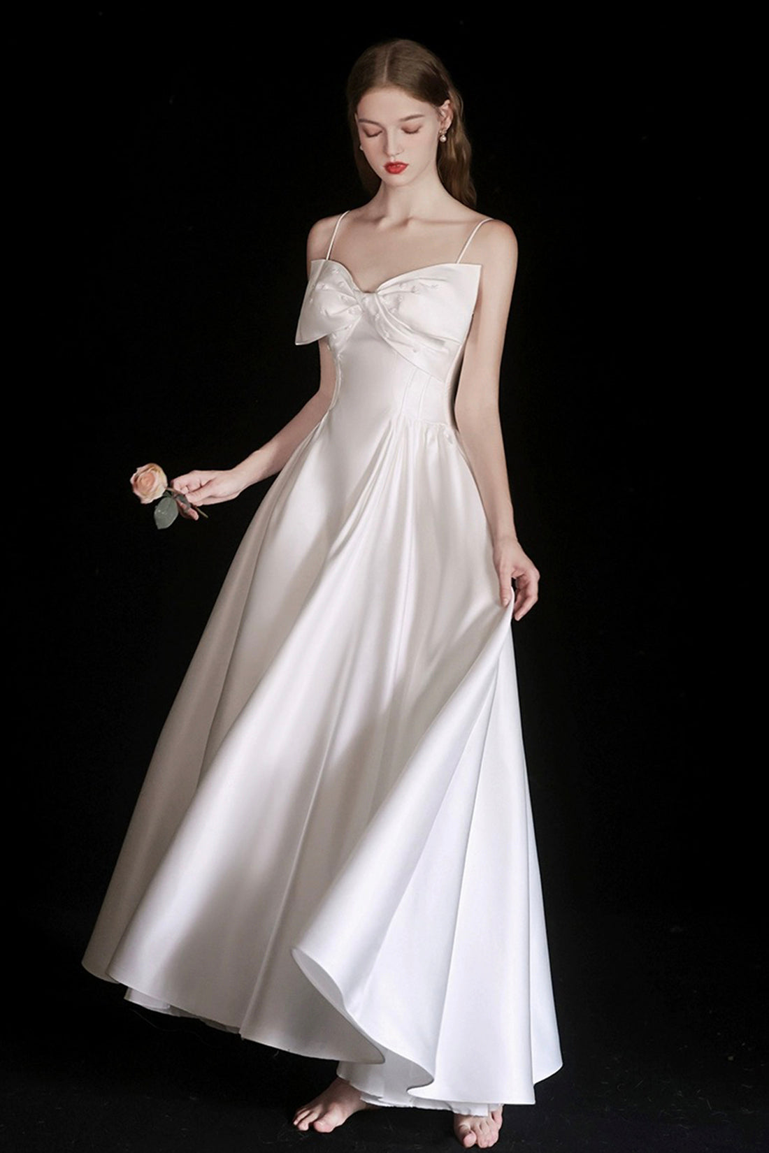 White Satin Tea Length Prom Dress, Lovely Spaghetti Strap A-Line Evening Party Dress