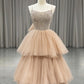 Champagne Tulle Layers Long A-Line Prom Dress, A-Line Spaghetti Strap Evening Dress