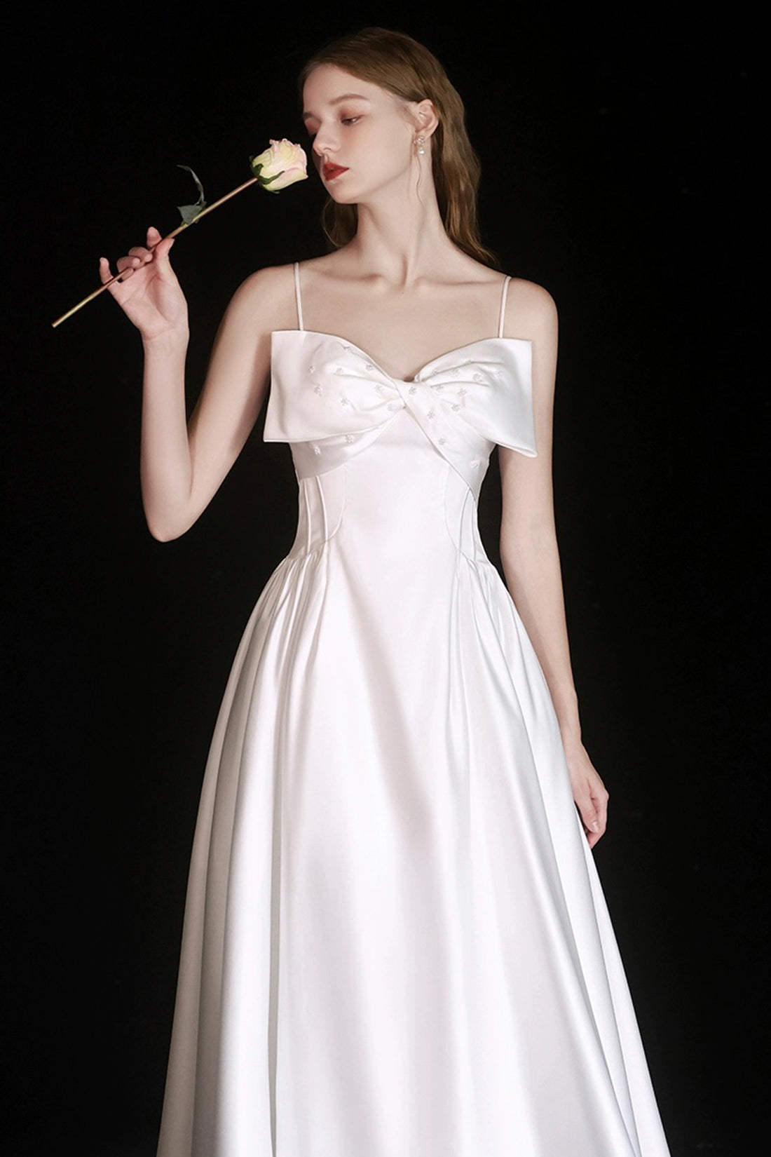 White Satin Tea Length Prom Dress, Lovely Spaghetti Strap A-Line Evening Party Dress