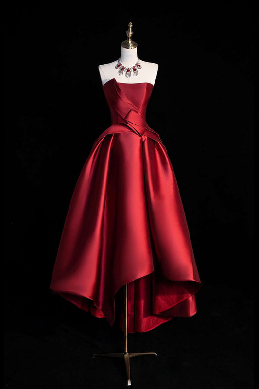 Burgundy Strapless Satin Party Dress, A-Line High Low Evening Dress
