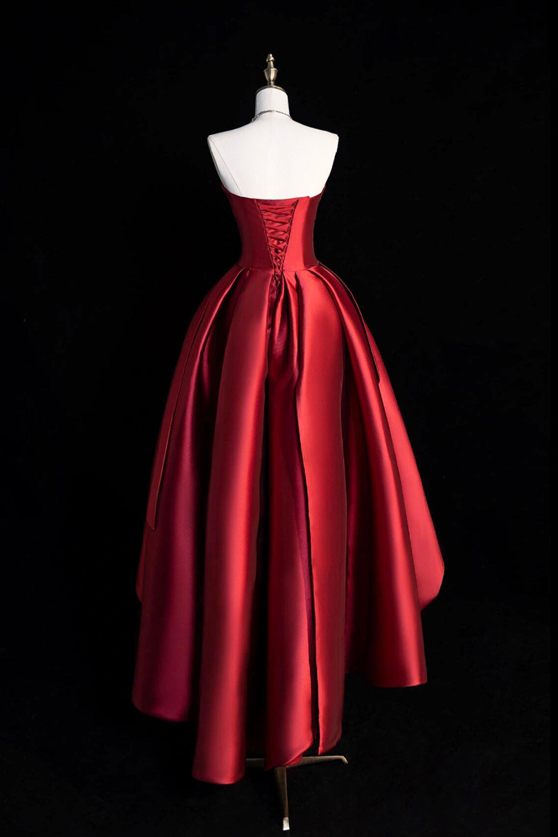 Burgundy Strapless Satin Party Dress, A-Line High Low Evening Dress