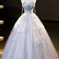 Blue Tulle Floor Length Prom Dress, Off the Shoulder Evening Party Dress